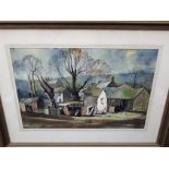 Three 20th century watercolours, two showing farmyard scenes, the other showing a harbour scene, all