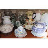 A pair of Wedgewood & Co Hawthorn pattern blue and white printed tureens and covers, a large jug