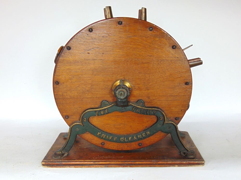 A Victorian oak table knife sharpener together with a pair of open barley twist candlesticks, an - Image 4 of 5