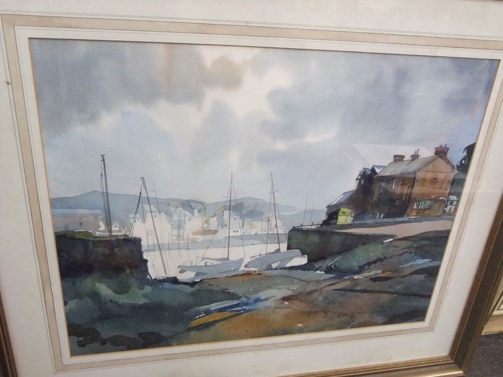 Three 20th century watercolours, two showing farmyard scenes, the other showing a harbour scene, all - Image 2 of 5