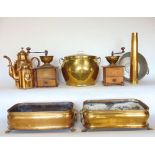 A mixed metalware lot to include two copper planters of BOMBE form, each fitted with twin lion