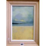 Three contemporary oil paintings on board by Rosie Mack of beach scenes and landscapes, two signed