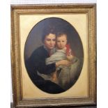 A 19th century oil painting on canvas of oval form showing three quarter length study of a mother