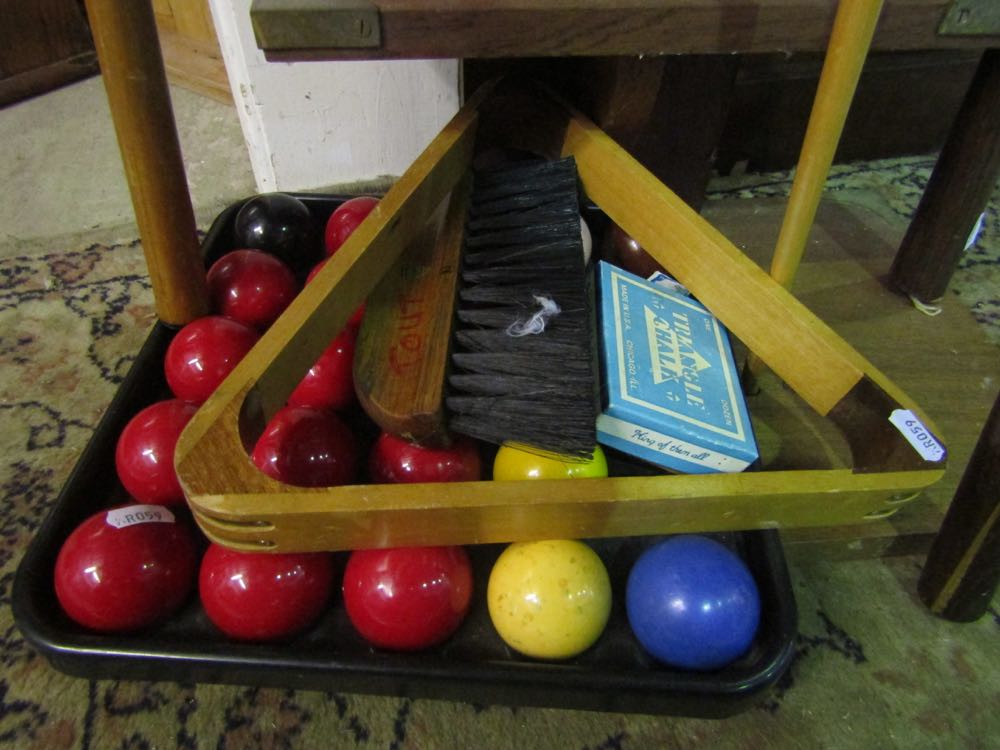 A cue rack, a number of snooker cues, balls, triangle, brush, etc - Image 2 of 2
