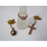 Two 9ct gold necklaces, one with pink sapphire and diamond pendant, the other with 9ct cross, also