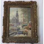 A small 20th century oil painting on canvas of a Dutch city scene with flower sellers, barge, etc,