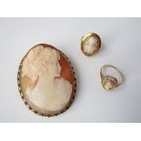 A 9ct cameo brooch of a profile of a lady, together with two cameo rings to include a 9ct ring of