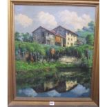 A 20th century oil painting on canvas of a continental scene with red roofed farm buildings