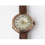 A vintage Wire Lug 9ct rose gold ladies watch with leather strap.