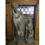 Two weathered cast composition stone garden ornaments in the form of classical maidens in varying