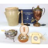 A mixed miscellaneous lot to include silver plated warming pan on stand, twin handled copper