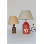 An interesting table lamp in the form of a Chinese tea canister with chinoiserie overlay together