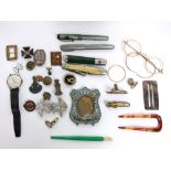 An Italian mosaic work photograph frame, pen knives, fountain pens, costume jewellery, etc