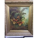 A 19th century oil painting on canvas of a botanical study of orchids within a lush landscape