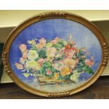 A 20th century watercolour study of oval form showing a still life with basket of flowers, signed