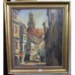 An early 20th century continental oil painting on canvas of a continental street scene with flower