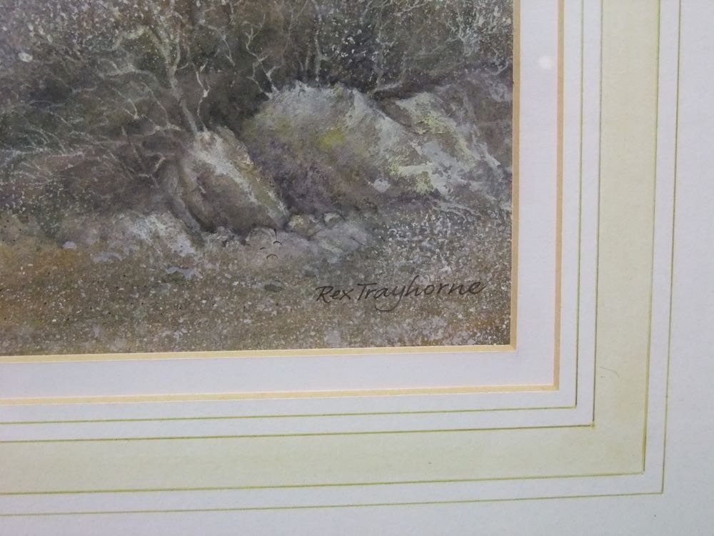 A 20th century watercolour of a lakeland scene at dawn, signed bottom right Rex Trayhorne and with - Image 2 of 8