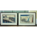 A pair of Japanese coloured woodblock prints by Utagawa Hiroshige of a an encounter of warriors on a