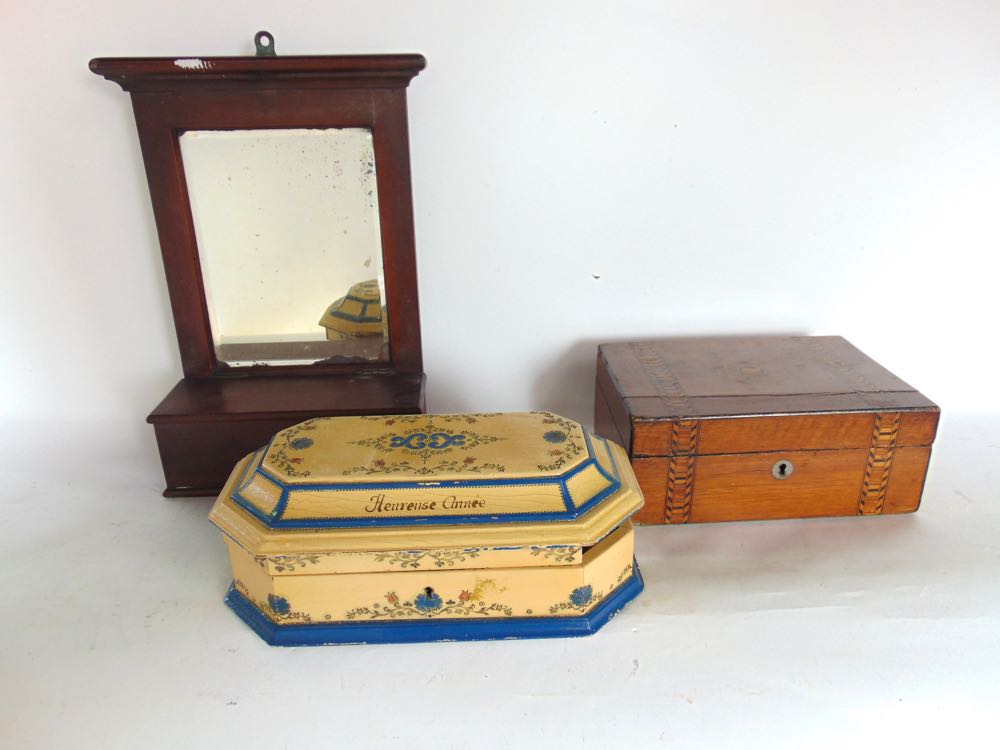 An antique lacquered octagonal box of sarcophagus form together with a further marquetry work box