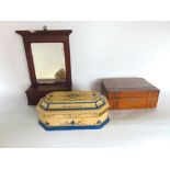 An antique lacquered octagonal box of sarcophagus form together with a further marquetry work box