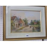 A late 19th century watercolour of a village street scene with figures, horse drawn cart, etc,