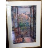 A quantity of pictures and prints including a 20th century watercolour of an interior scene with