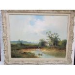 A 20th century oil painting on canvas of an extensive landscape with distant mountains, figure, etc,