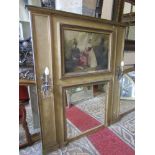 An overmantle the painted and distressed gilt and panelled frame incorporating a rectangular