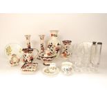 A collection of Masons Mandalay pattern wares comprising a pair of candlesticks, a bowl and cover, a