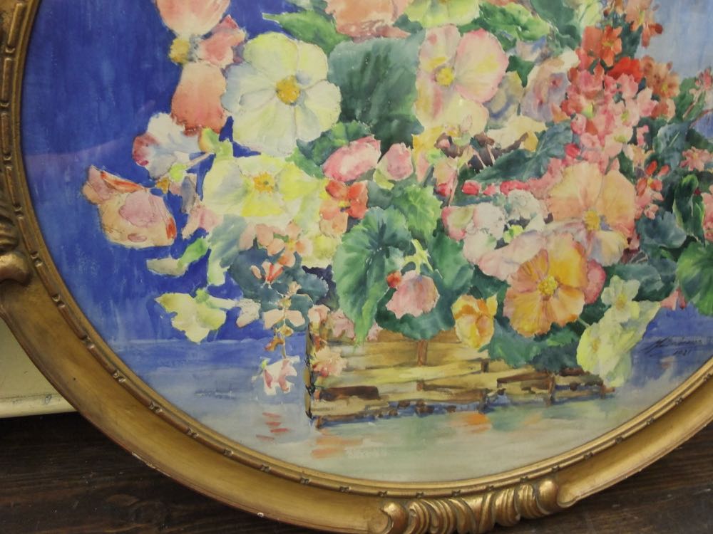 A 20th century watercolour study of oval form showing a still life with basket of flowers, signed - Image 2 of 2