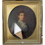 A 19th century oil painting on canvas of oval form, half length portrait of a lady in grey dress