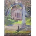 Two oil paintings on canvas by Vernon Wethered of a classical style temple and landscape, both