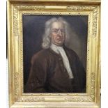 A 19th century oil painting on canvas, half length portrait of Sir Isaac Newton wearing a brown coat