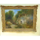 A 19th century oil painting on canvas of a rustic scene with female figure at a cottage doorway,