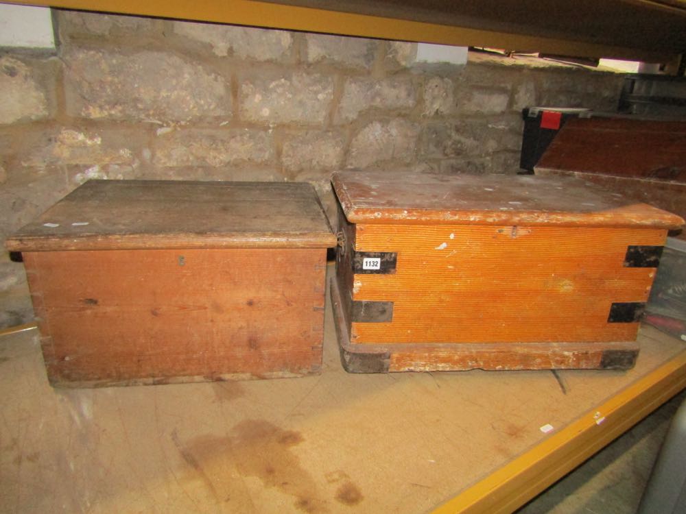 Two 19th century pine blanket boxes one with original grained finish