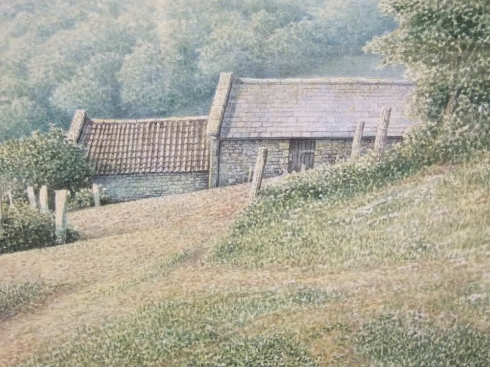 A gouache painting by Kevin Hughes showing a rural landscape with farm buildings, signed bottom left - Image 2 of 4