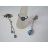 Two 9ct white gold necklaces set with diamonds and a 9ct sapphire flower head ring with diamond