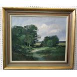 A 20th century oil painting on board by Norman Battershill of a wooded landscape, inscribed verso