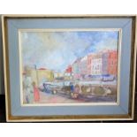 A 20th century oil painting on canvas of a city scene with figures, 35 x 45 cm together with two oil