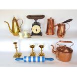 A collection of mixed metalware and kitchenalia to include good copper chocolate pot, further copper