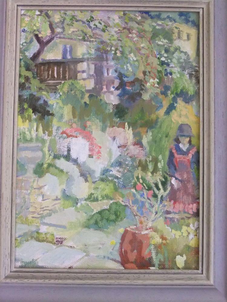 A contemporary oil painting on board of a garden scene with figure and labelled verso Alice J Adams, - Image 2 of 10