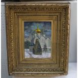 A 20th century Eastern European oil painting on canvas of a snow scene with multi turreted palace,