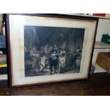 A large late 19th century black and white engraving after Rembrandt, The Night Watch, signed in