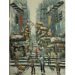 A 20th century oil painting on canvas of a busy far eastern city scene with figures, rickshaw, etc.,