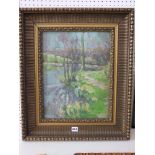 An early 20th century oil painting on board of a river landscape, signed bottom right TH Ose