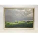 A 20th century oil painting on canvas by Michael Long showing a landscape with trees illuminated