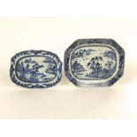 A 19th century Chinese blue and white meat plate of oval form with pagoda and willow decoration,