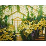 A large oil painting on canvas of a conservatory interior with brightly coloured flowers, signed