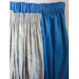 Four blue curtains, 1.4m drop and 2.7m wide together with 4 further curtains in pale blue design,