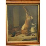 A 19th century oil painting on canvas of a still life with dead game, and ceramic ewer, etc signed